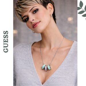 Guess Silver Tone Triple Ring Pendant Necklace